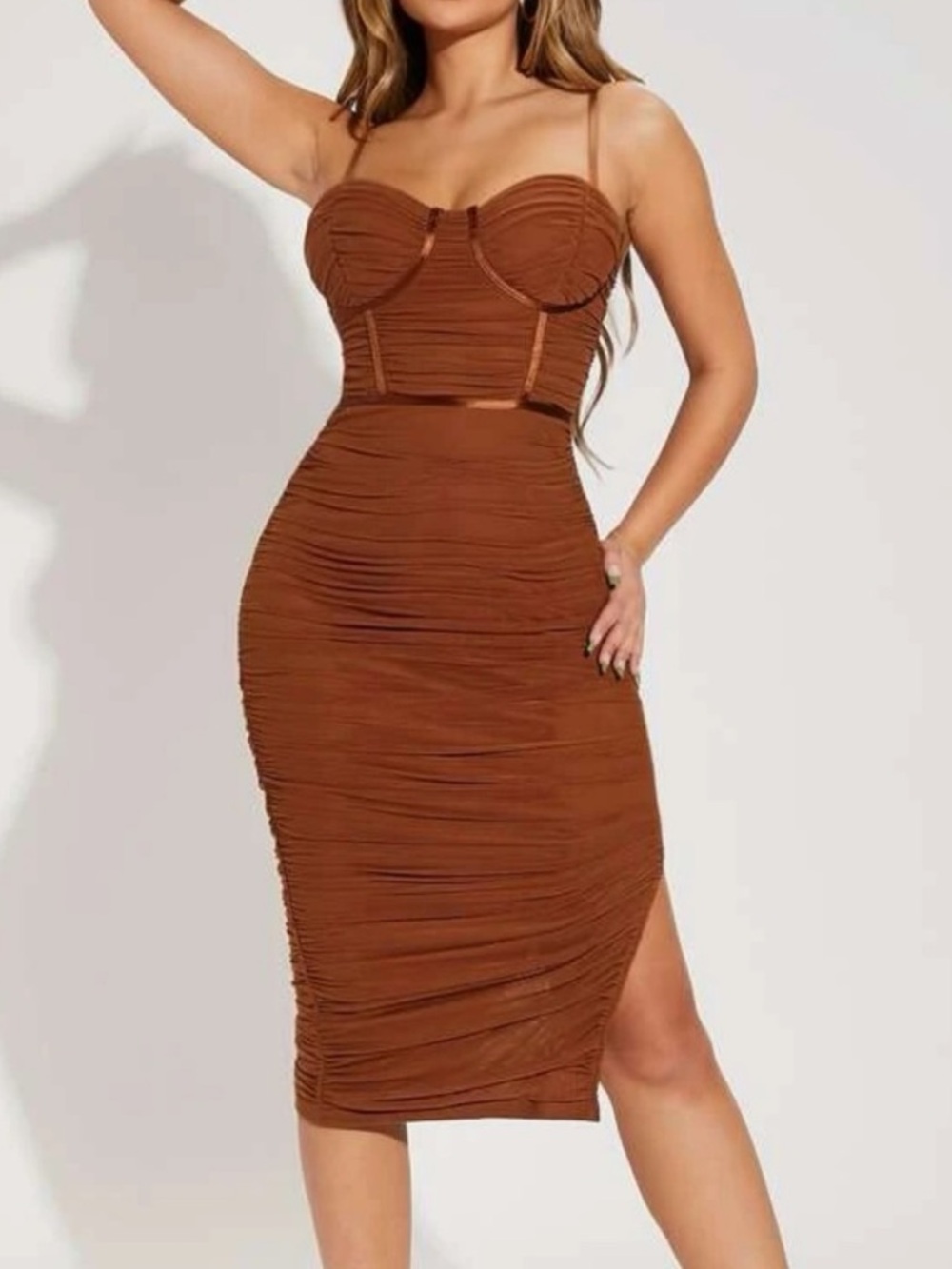 SHEIN Ruched Rust Orange Bodycon Midi Dress with Corset Detail
